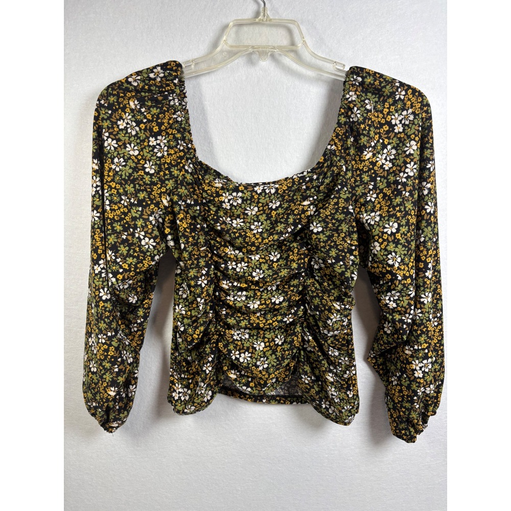 Liberty Love Women's XL Floral Ruched Top Puff Sleeve Square Neck Peplum Boho